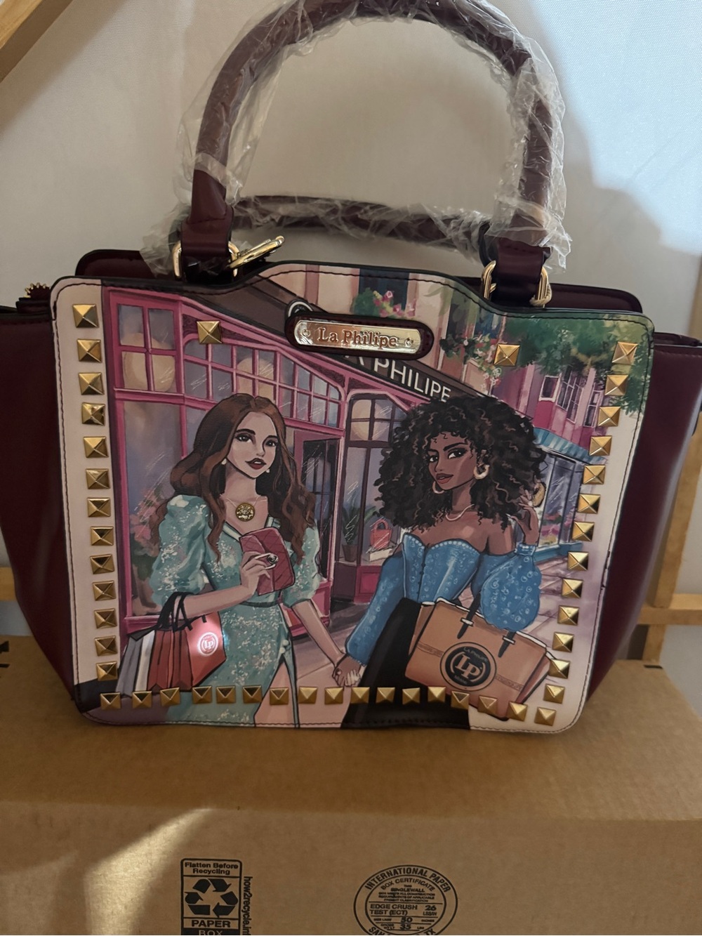Burgundy Illustrated Satchel with Gold Stud Accents